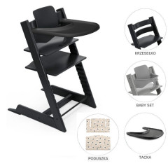 Stokke Tripp Trapp Bundle 4w1 - krzesełko do karmienia + zestaw Baby Set + tacka-Black + Poduszka-Mickey (Outlet)