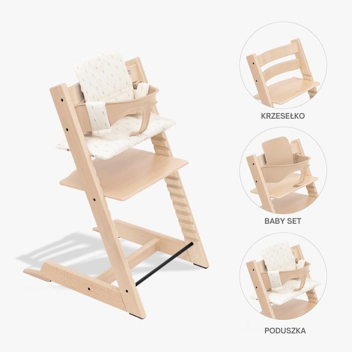 Stokke Tripp Trapp Bundle - krzesełko do karmienia + zestaw Baby Set V2 + poduszka Classic