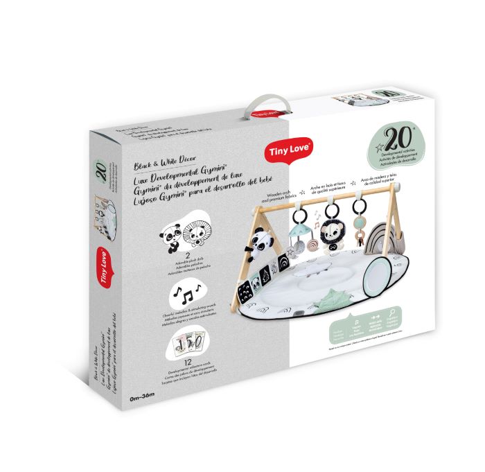 Tiny Love Gimnastyka/mata edukacyjna z drewnianym stojakiem - Décor czarno-biała opakowanie