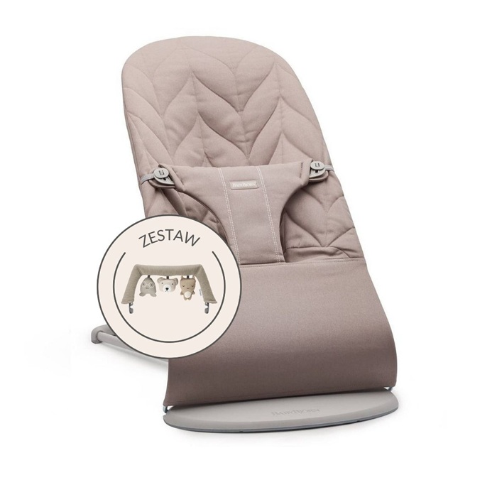 Ergonomiczny leżaczek Babybjorn Bliss Woven Petal Quilt Piaskowoszary z zabawką Soft Friends