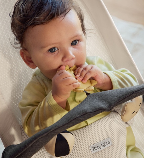 Pałąk z zabawkami BabyBjörn Sunny Friends zamontowany na leżaczku dziecięcym