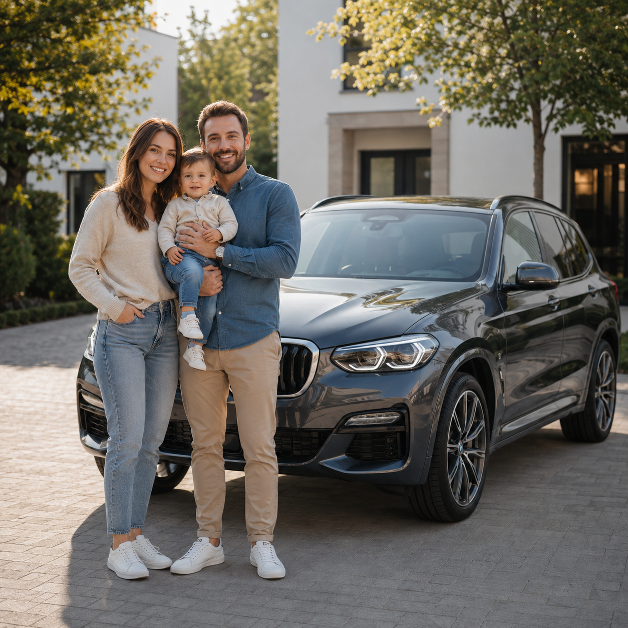 Rodzina z dzieckiem przy samochodzie BMW przed wyborem fotelika samochodowego