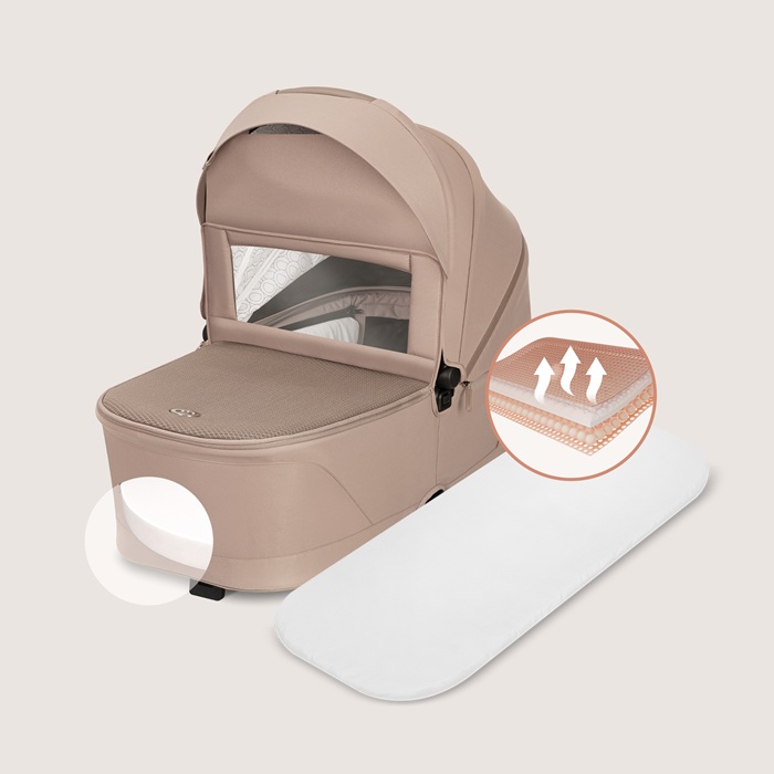 Zbliżenie na gondolę wózka Lionelo Freya Beige Sand z odkrytą panoramiczną wentylacją 3D