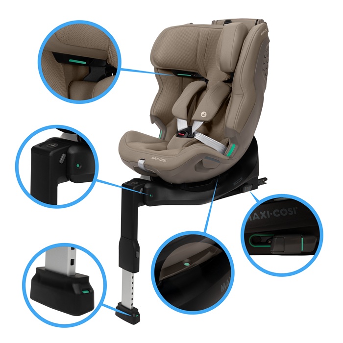 Wskaźniki montażu ISOFIX i nogi stabilizującej w Maxi-Cosi Emerald 360 Plus