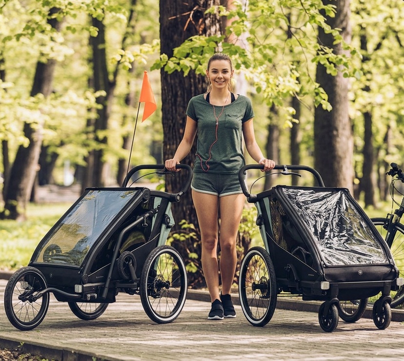 Trzy tryby użytkowania przyczepki Muuvo Trail - rower, bieg, spacer