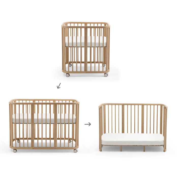 Stokke Nighti 3w1 w trzech konfiguracjach od łóżeczka Mini do łóżka dziecięcego