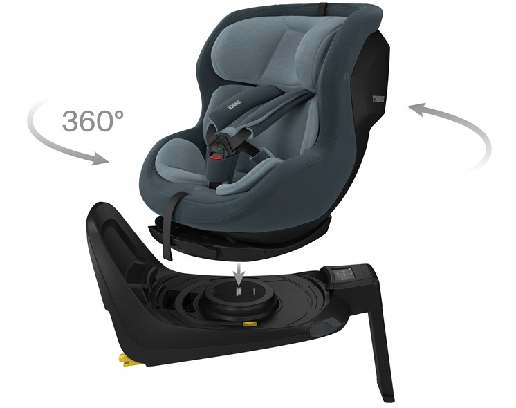 System obrotowy 360 stopni w foteliku Thule Elm Connect ułatwiający zapinanie dziecka w samochodzie