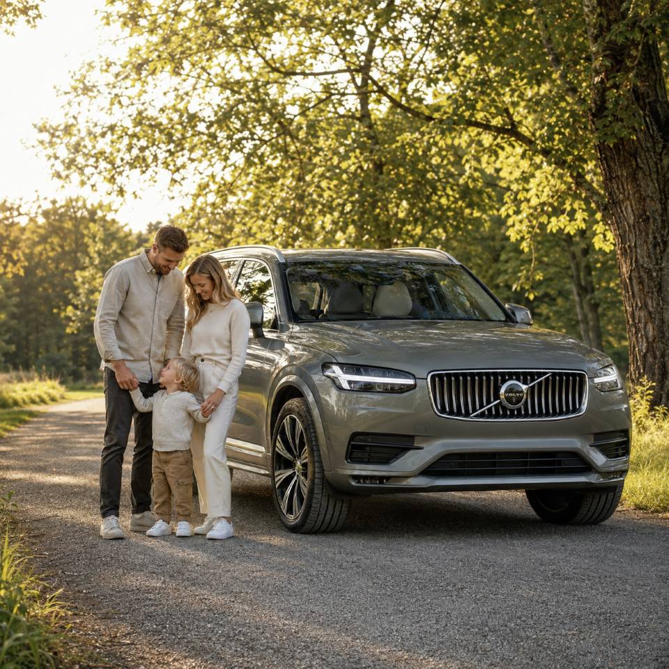 Rodzina stojąca obok samochodu Volvo, poradnik wyboru fotelika dziecięcego do Volvo