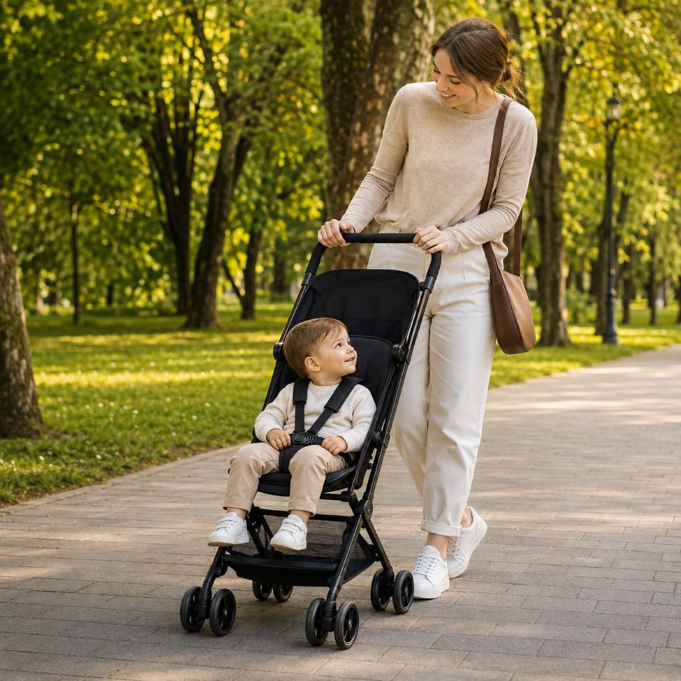 Mama spacerująca z dzieckiem w lekkim kompaktowym wózku spacerowym