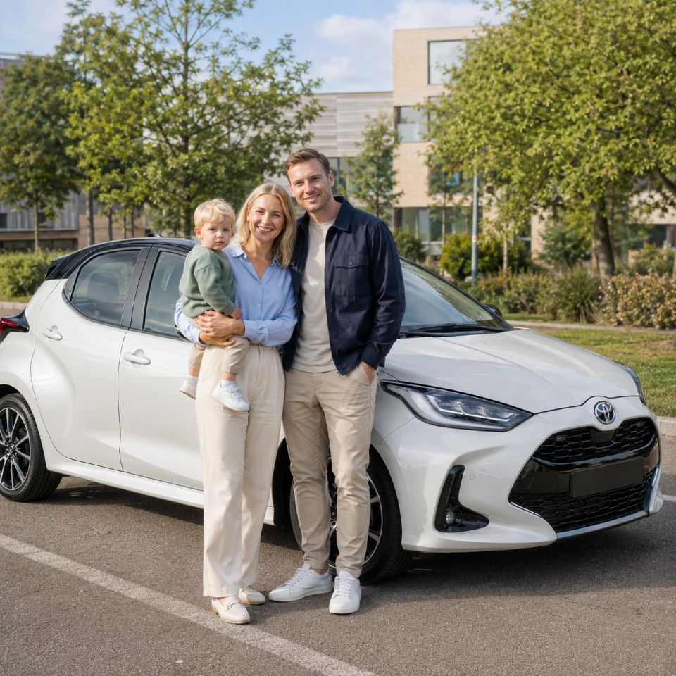 Rodzina z dzieckiem przy samochodzie Toyota przed wyborem fotelika samochodowego