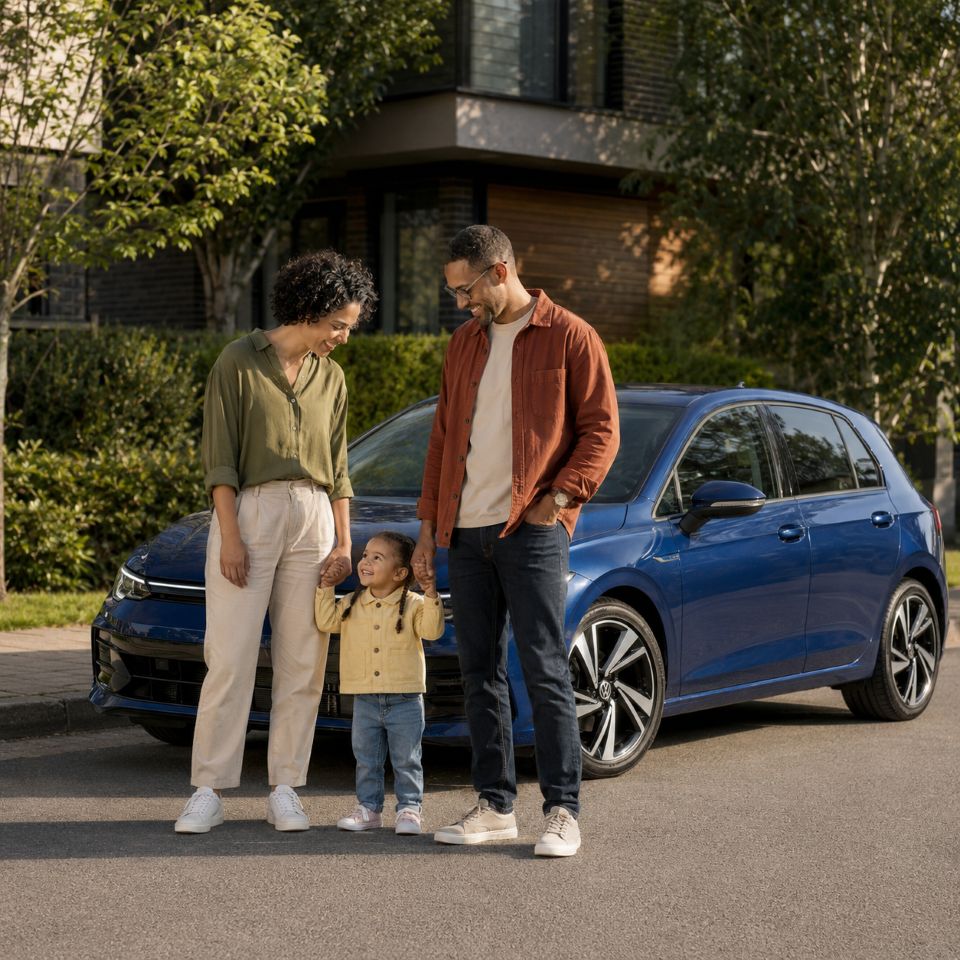 Rodzina z dzieckiem przy samochodzie Volkswagen przed wyborem fotelika samochodowego