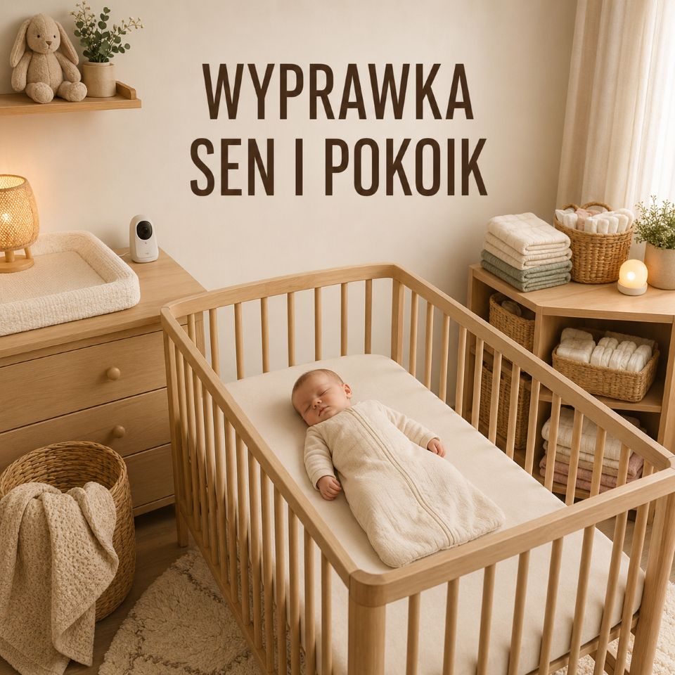Wyprawka do snu i pokoik niemowlaka z drewnianym łóżeczkiem