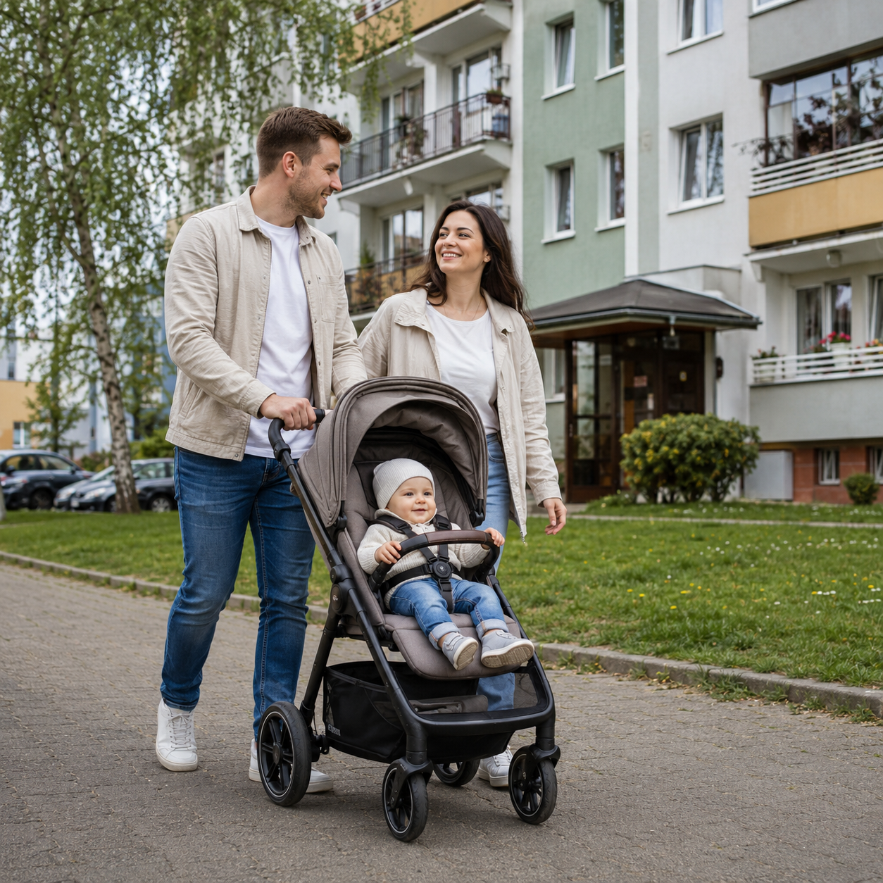 Rodzice z dzieckiem w wózku spacerowym przed blokiem mieszkalnym